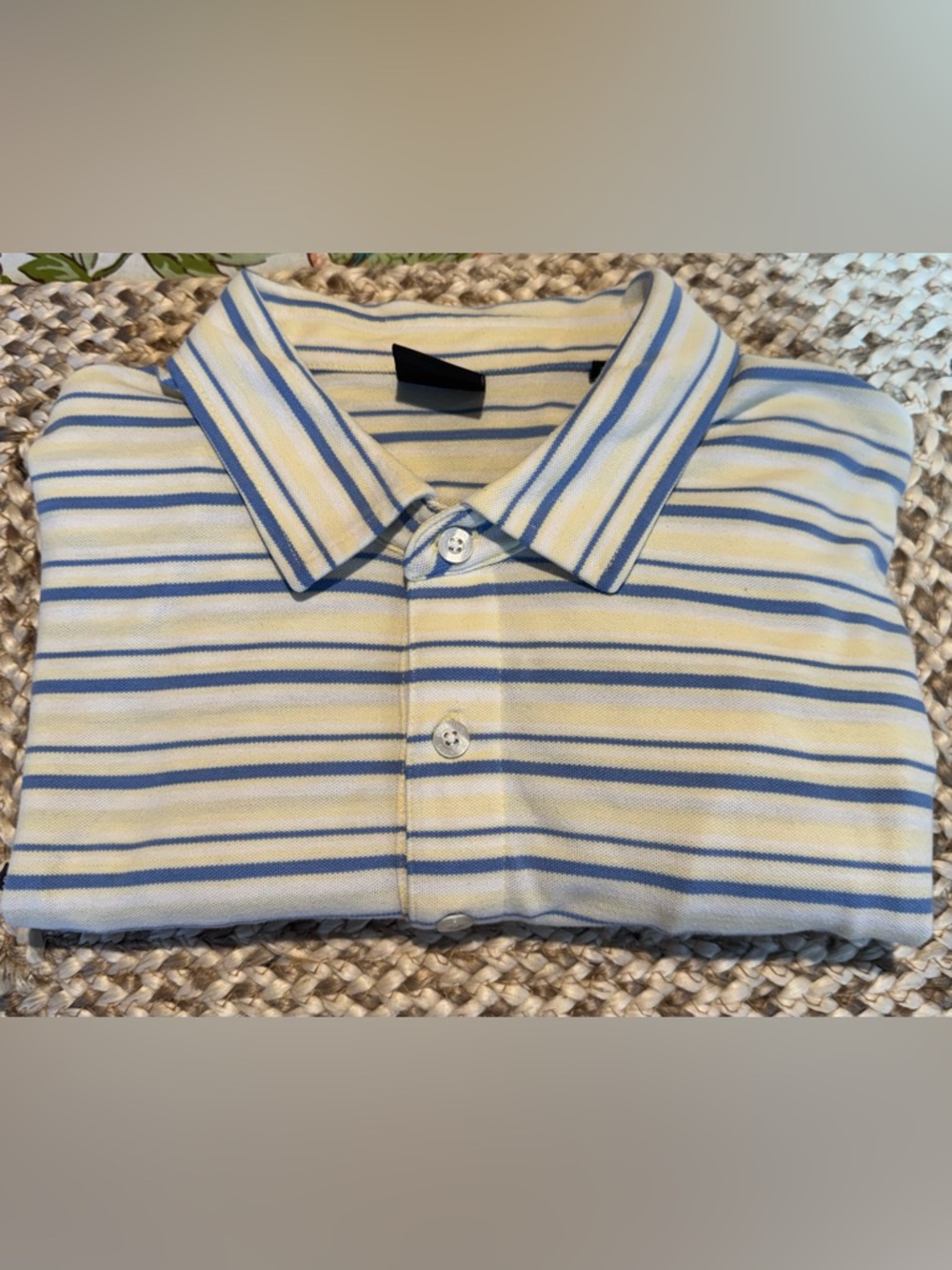 Dunning Golf Men’s Polo Shirt Size L Yellow Blue Striped Performance Golf Shirt